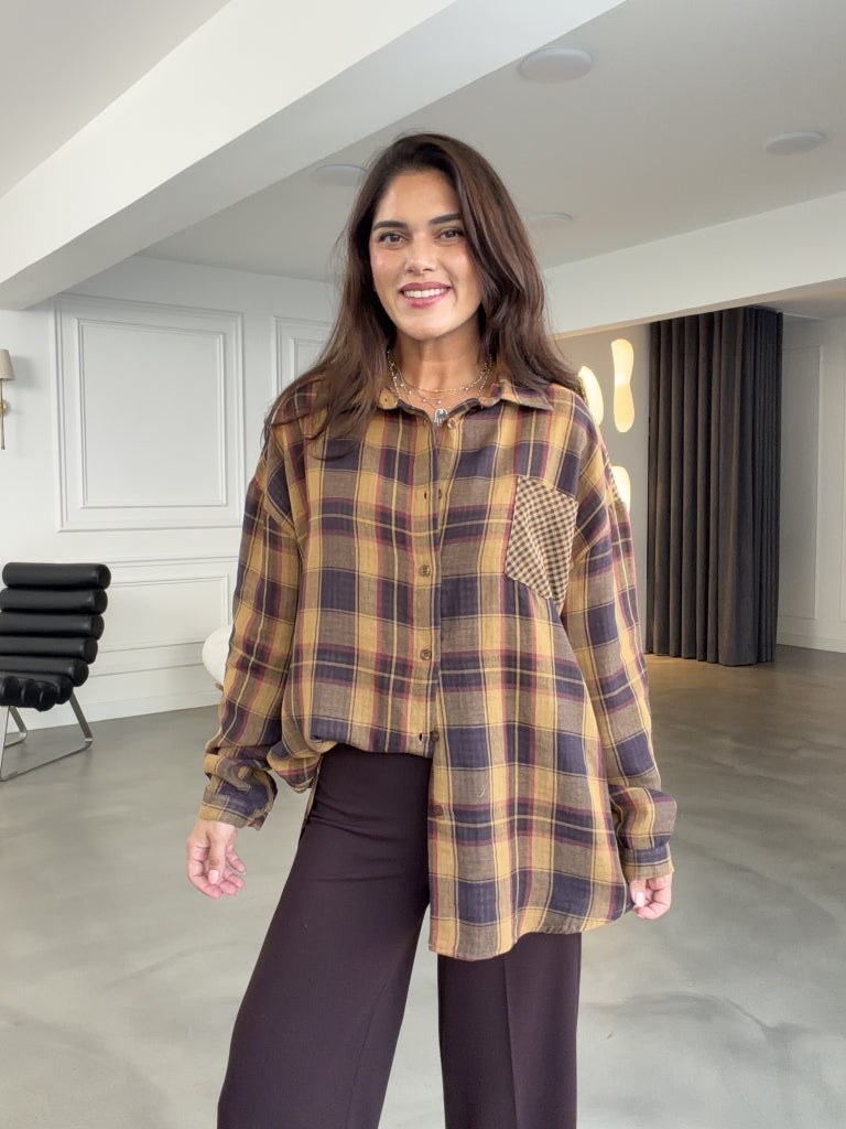 Hardal Ekoseli Cepli Oversize Gömlek 5163-Hardal