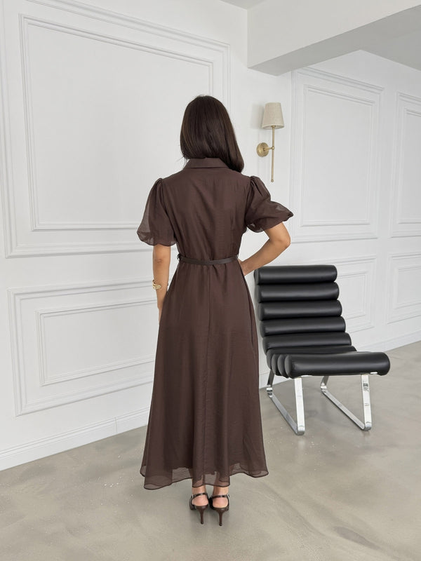 Kahve Fırfır Detaylı Kemerli Tencel Elbise 3091-Kahve