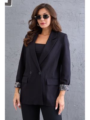 Siyah Leopar Kol Katlamalı Blazer Ceket
