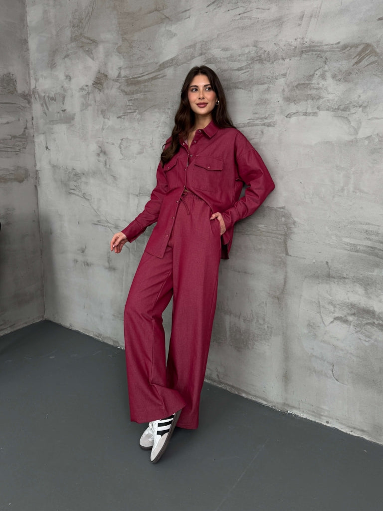 Bordo İnce Denim Takım