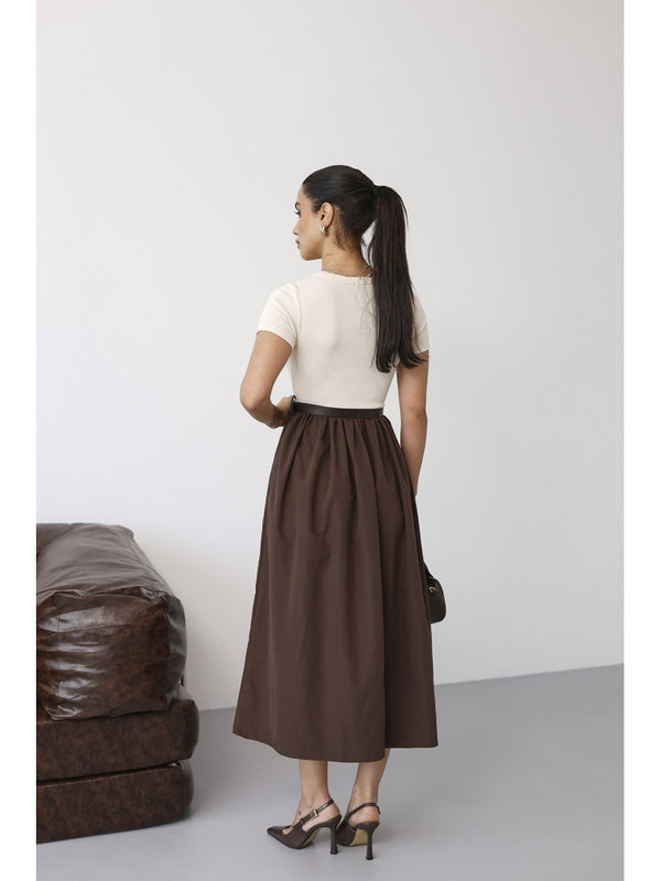 Kahve Kemerli Maxi Kısa Kollu Elbise 2017-Kahve