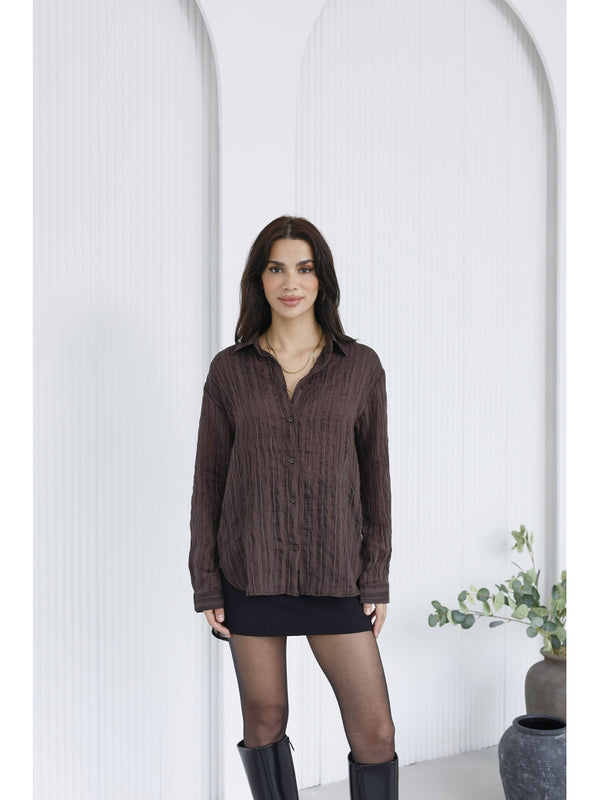 Kahverengi Sim Detaylı Transparan Gömlek 3225-Kahverengi