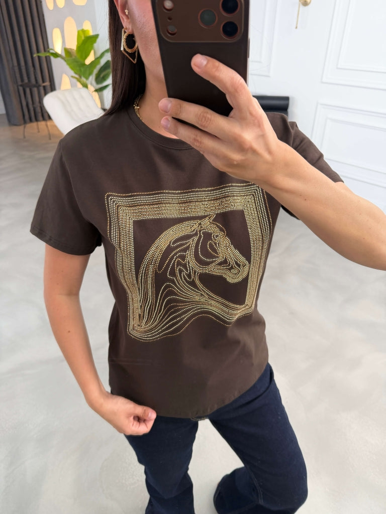 Kahverengi Desen Taşlı Tshirt 8717-Kahverengi