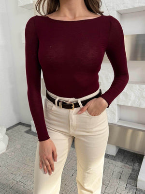 Bordo Kayık Yaka Transparan Bluz 25187-Bordo