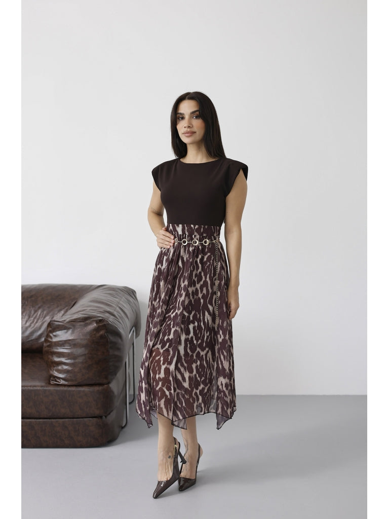 Kahve Vatkalı Zincir Kemerli Elbise 3867-Kahve