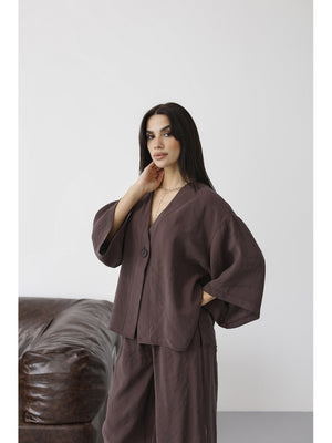 Koyu Kahverengi Tek Düğmeli Bluz Pantolon Takım 51189-Koyu Kahve