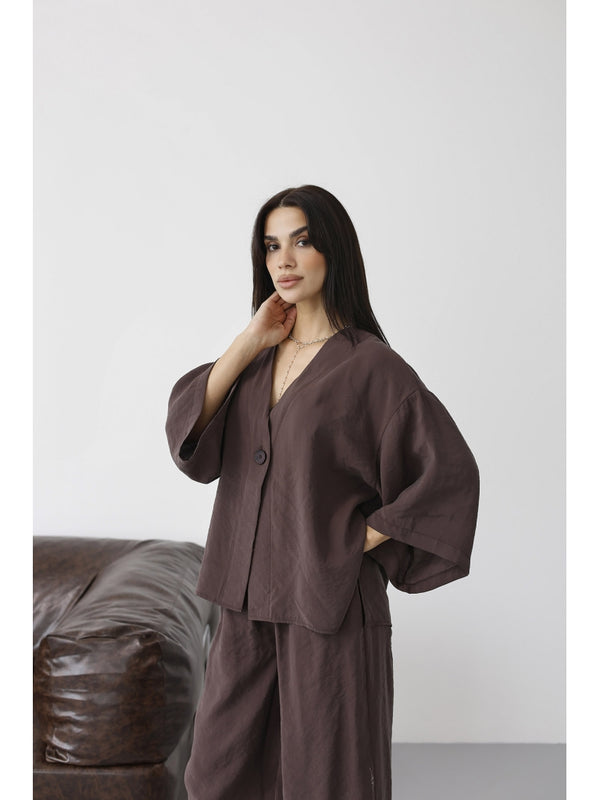 Koyu Kahverengi Tek Düğmeli Bluz Pantolon Takım 51189-Koyu Kahve