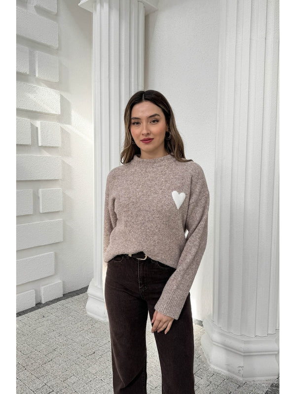 Dilvin Vizon Yumuşak Dokulu Kalpli Triko Kazak 10837-Vizon