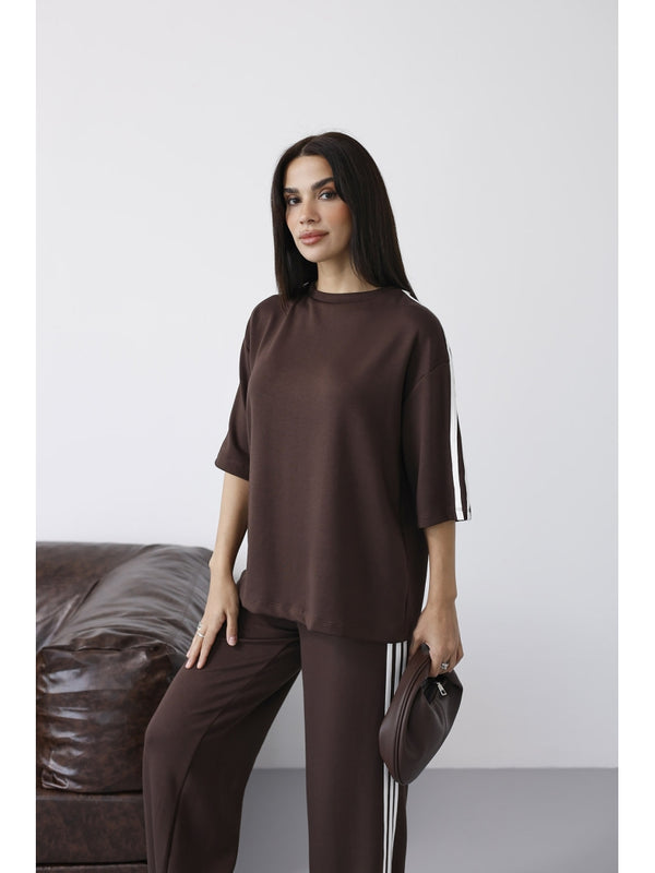 Kahverengi Şerit Detaylı Tshirt Takım 4101-Kahverengi