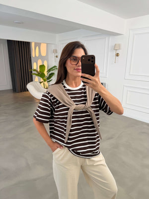 Kahve Fularlı Çizgili Tshirt 58499-Kahve