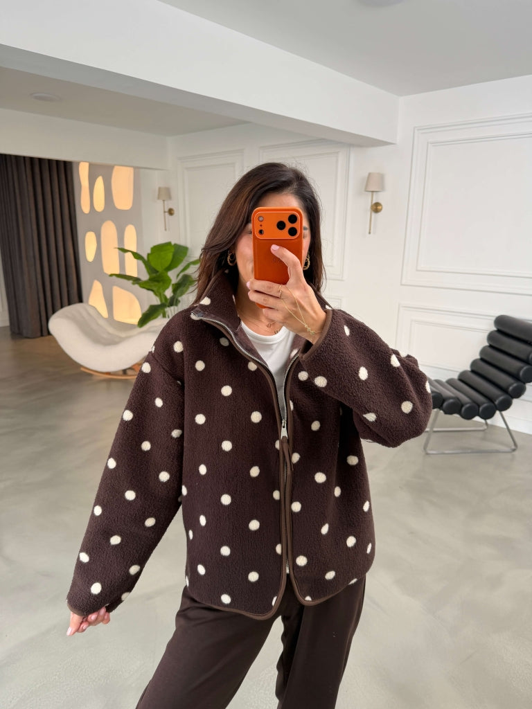 Acı Kahve Puantiyeli Ön Fermuarlı Peluş Sweat 22889-Acı Kahve