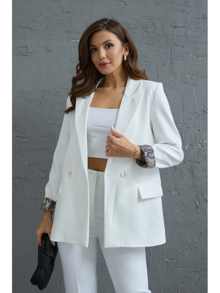 Beyaz Leopar Kol Katlamalı Blazer Ceket