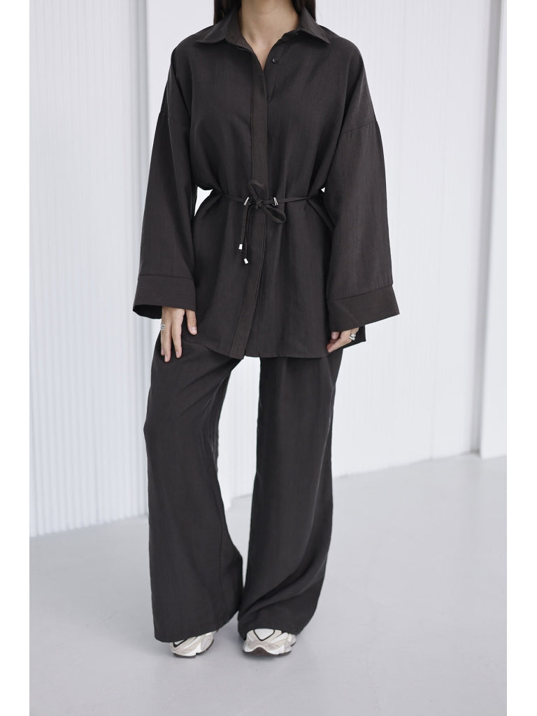 Kahve Bel Bağlamalı Gömlek Takım 51281-Kahve