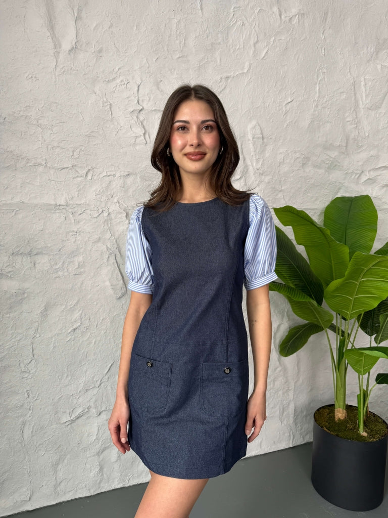 Kolları Çizgili Poplin Detay Denim Elbise