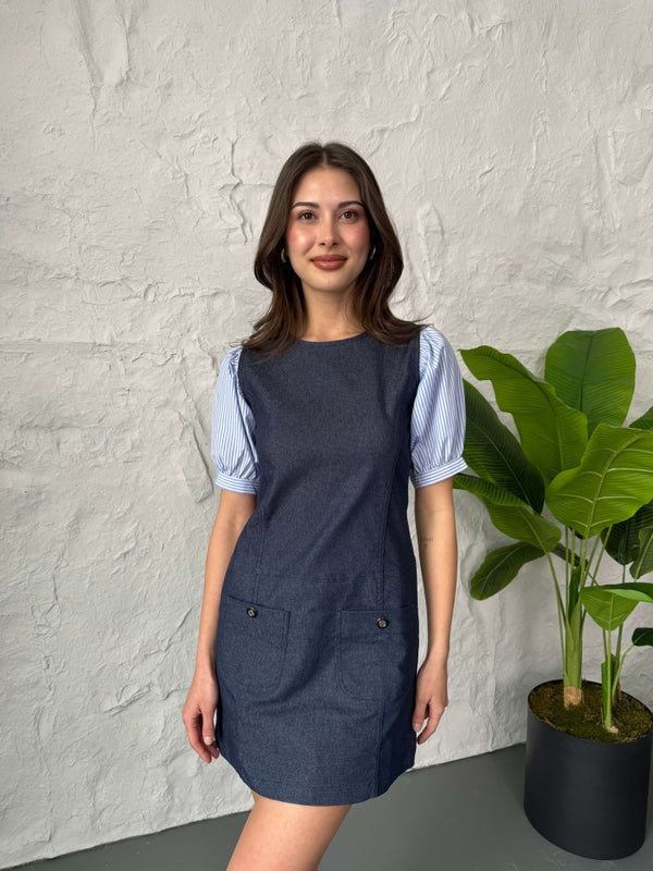 Kolları Çizgili Poplin Detay Denim Elbise