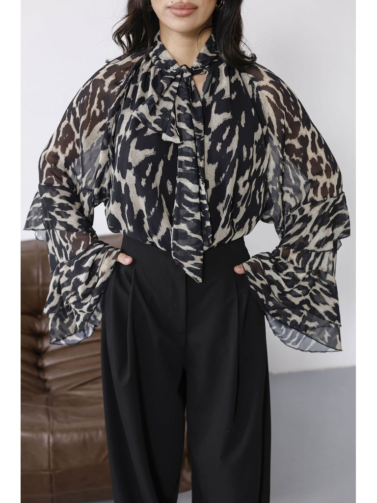 Siyah Leopar Desenli Şifon Bluz 5024-Siyah