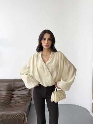 Taş Kruvaze Vatkalı Tencel Bluz 5048-TAŞ