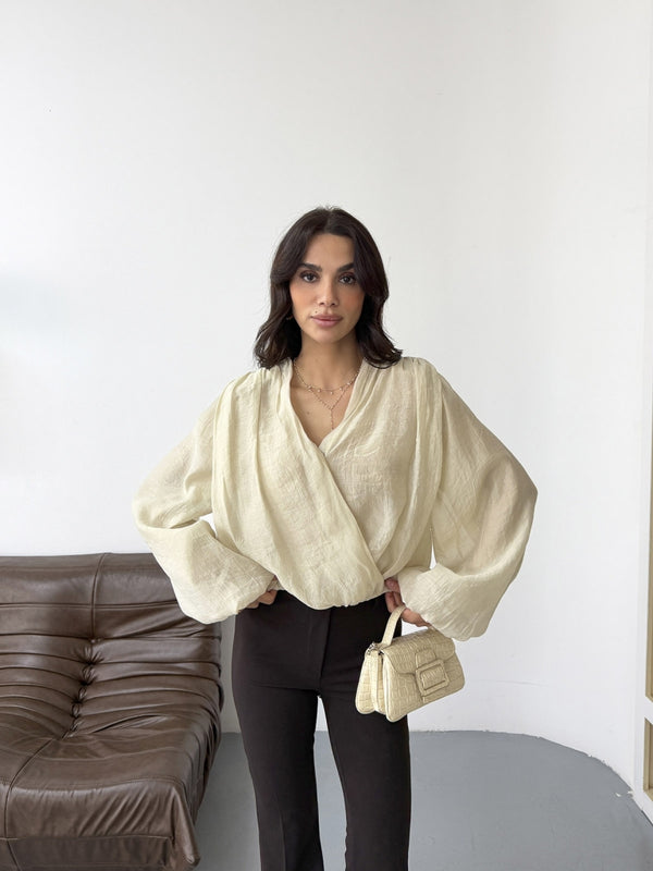 Taş Kruvaze Vatkalı Tencel Bluz 5048-TAŞ
