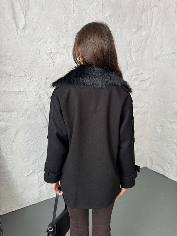 Siyah Yakası Kürklü Premium Kaşe Kaban 70100-Siyah