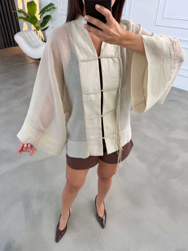 Taş İp Bağcıklı Tencel Gömlek 5098-Taş