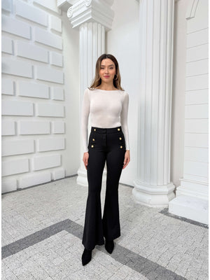 Siyah Gold Düğme Detaylı Pantolon 9027-Sİyah