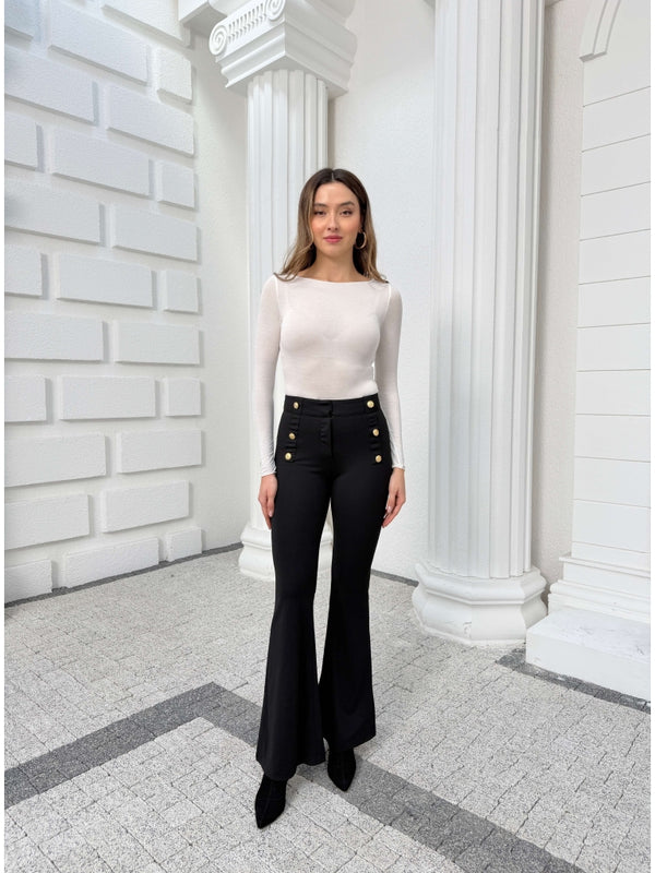 Siyah Gold Düğme Detaylı Pantolon 9027-Sİyah