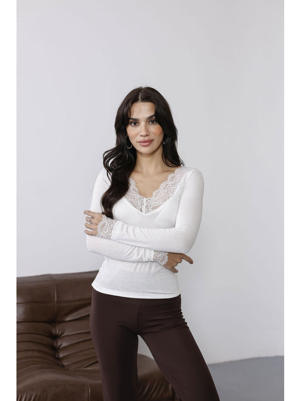 Beyaz Yakası Dantelli Bluz 0407-Beyaz