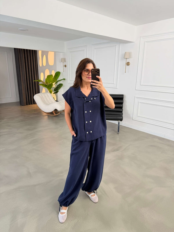 Lacivert Çıtçıtlı Tensel Şalvar Takım 4160-Lacivert