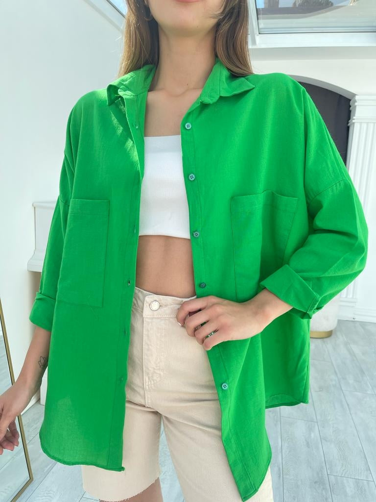 Yeşil Oversize Keten Gömlek N002-Yeşil