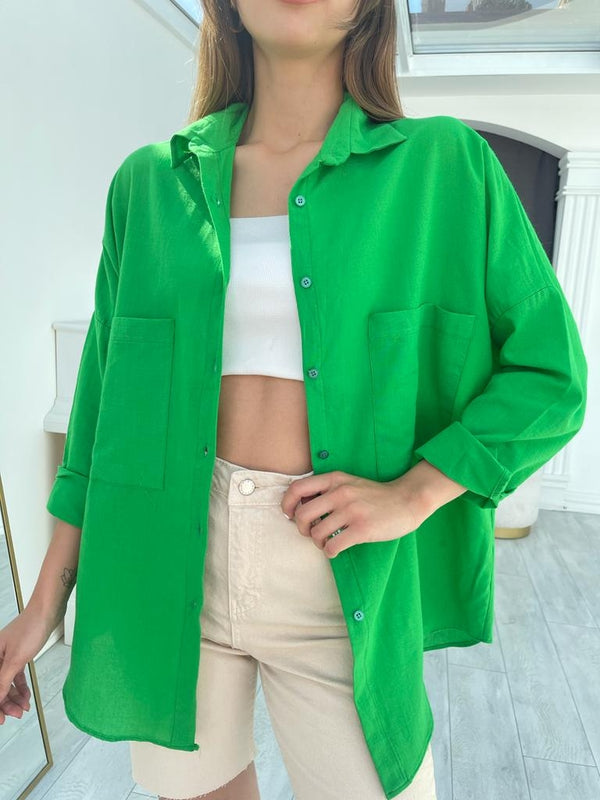 Yeşil Oversize Keten Gömlek N002-Yeşil