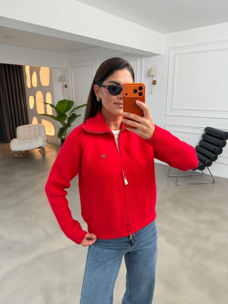 Kırmızı Mini Broşlu Fermuarlı Hırka 2622-Kırmızı