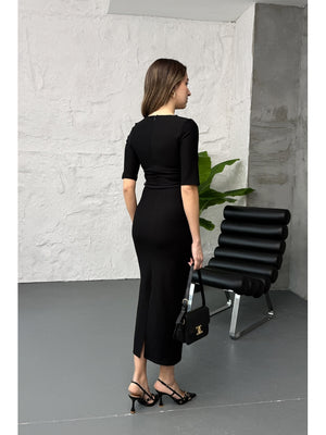 Siyah Kare Yaka Kemerli Maxi Elbise 1271-Siyah