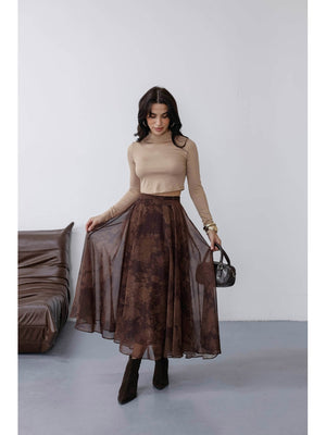 Kahverengi Çiçek Detaylı Şifon Etek 0613-Kahverengi