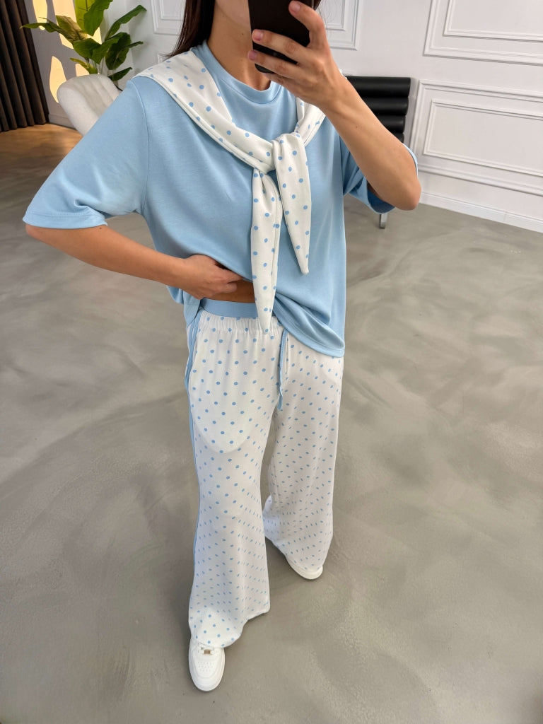 Bebe Mavi Puantiye Fularlı Biyeli Takım 4145-Bebe Mavi