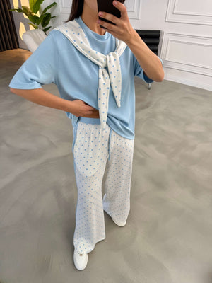 Bebe Mavi Puantiye Fularlı Biyeli Takım 4145-Bebe Mavi