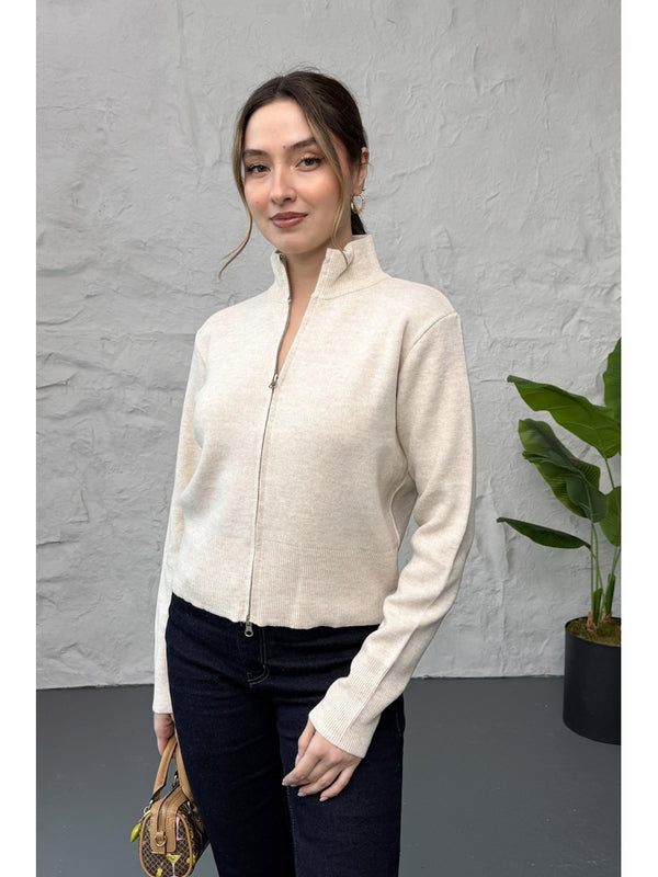 Taş Dik Yaka Fermuarlı Triko Hırka EY0009-TAŞ