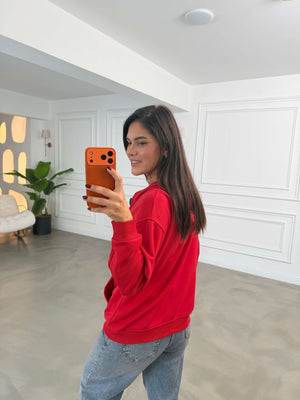 Kırmızı Kapüşonlu Fermuarlı Basic Sweatshirt 4321-Kırmızı