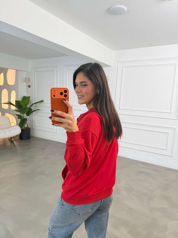 Kırmızı Kapüşonlu Fermuarlı Basic Sweatshirt 4321-Kırmızı