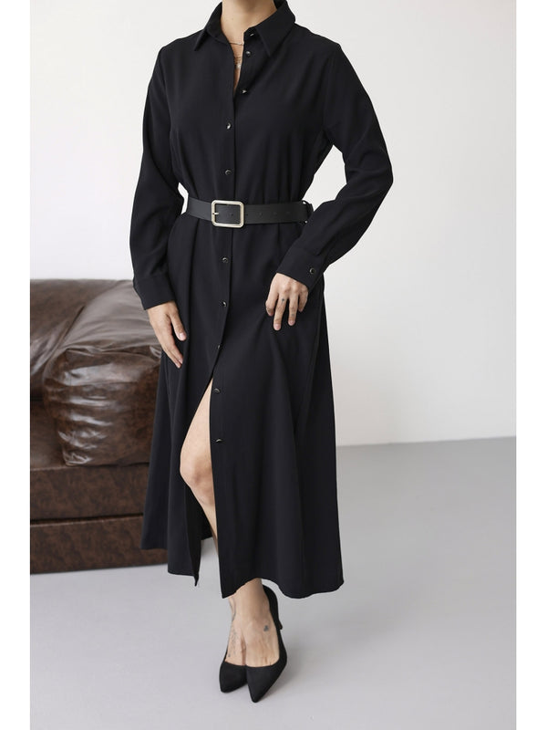 Siyah Maxi Boydan Düğmeli Kemerli Elbise 8185-Siyah