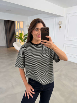 Siyah Beyaz  Çizgili Orj Marka Oversize Tshirt 6274-SİYAH