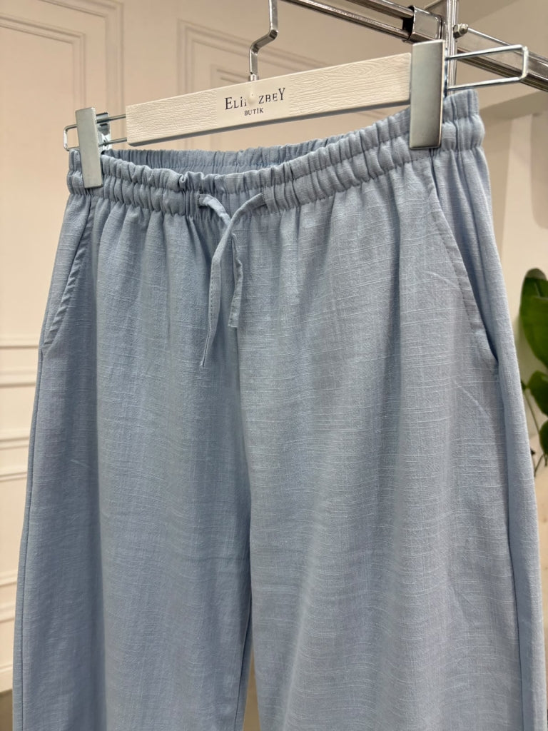 Mavi Beli Bağcıklı Keten Pantolon 7532-Mavi