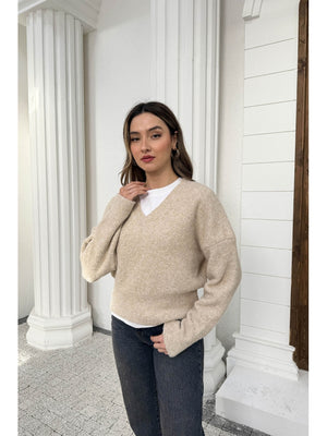 Dilvin Açık Bej V Yaka Yumuşak Dokulu Kazak 10645-Açık Bej