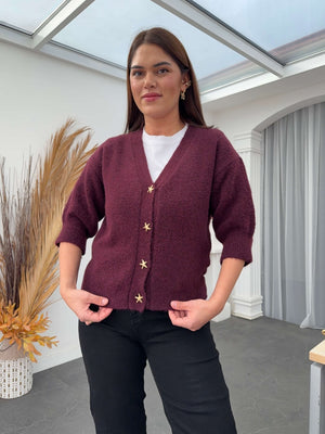 Mürdüm Kısa Kol Yıldız Düğmeli Top Hırka 2511-MÜRDÜM