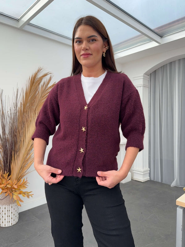 Mürdüm Kısa Kol Yıldız Düğmeli Top Hırka 2511-MÜRDÜM