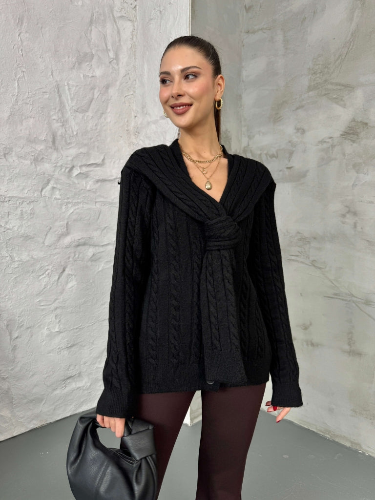 Siyah Massi Model Şal Detaylı Örgü Hırka