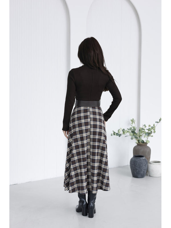 Kahverengi Eteği Ekoseli Elbise 35552-Kahverengi