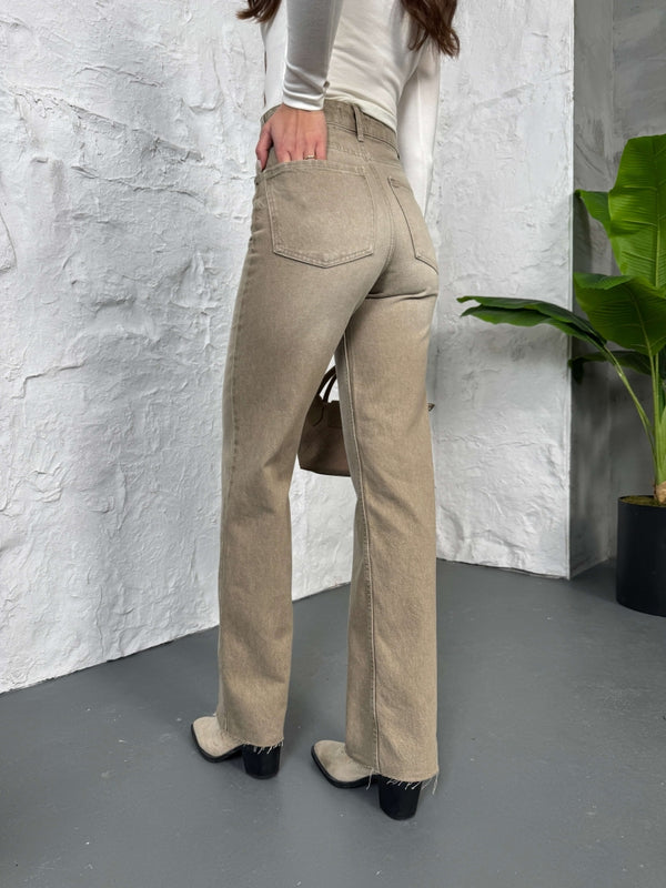 Bej Straight Kesik Paça Jean 21145-Bej