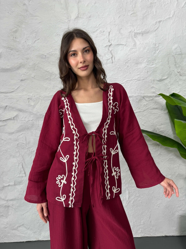Bordo Nakışlı Müslin Kimono