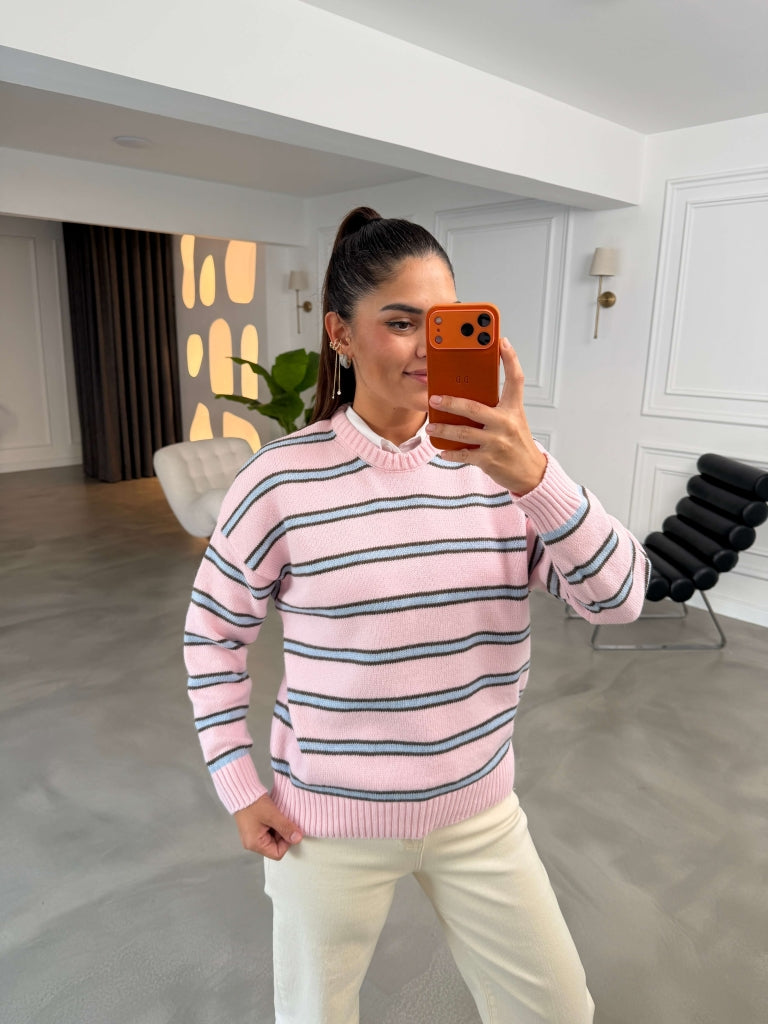 Pembe Üç Çizgili Oversize Kazak 2754-Pembe
