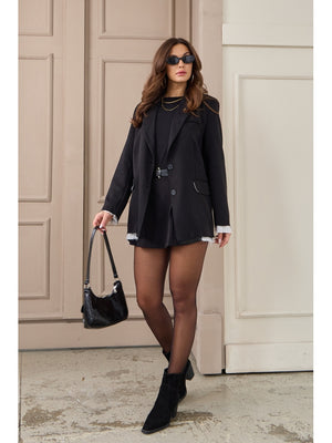Siyah Premium Kumaş Astarı Çizgili Blazer Ceket